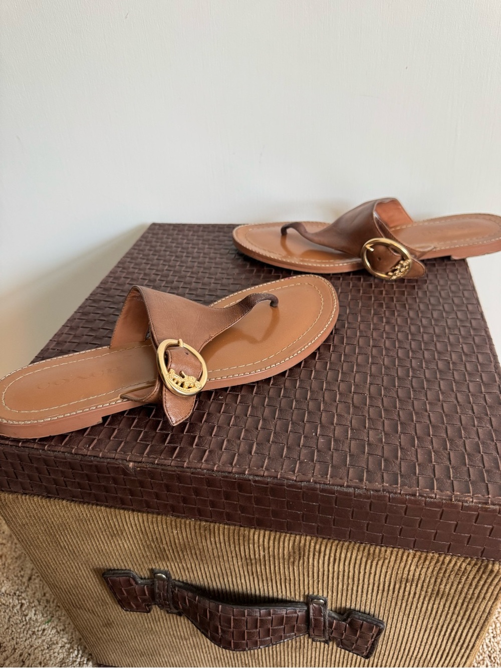 Coach Brown Leather Thong Sandals with Gold Buckle Detail